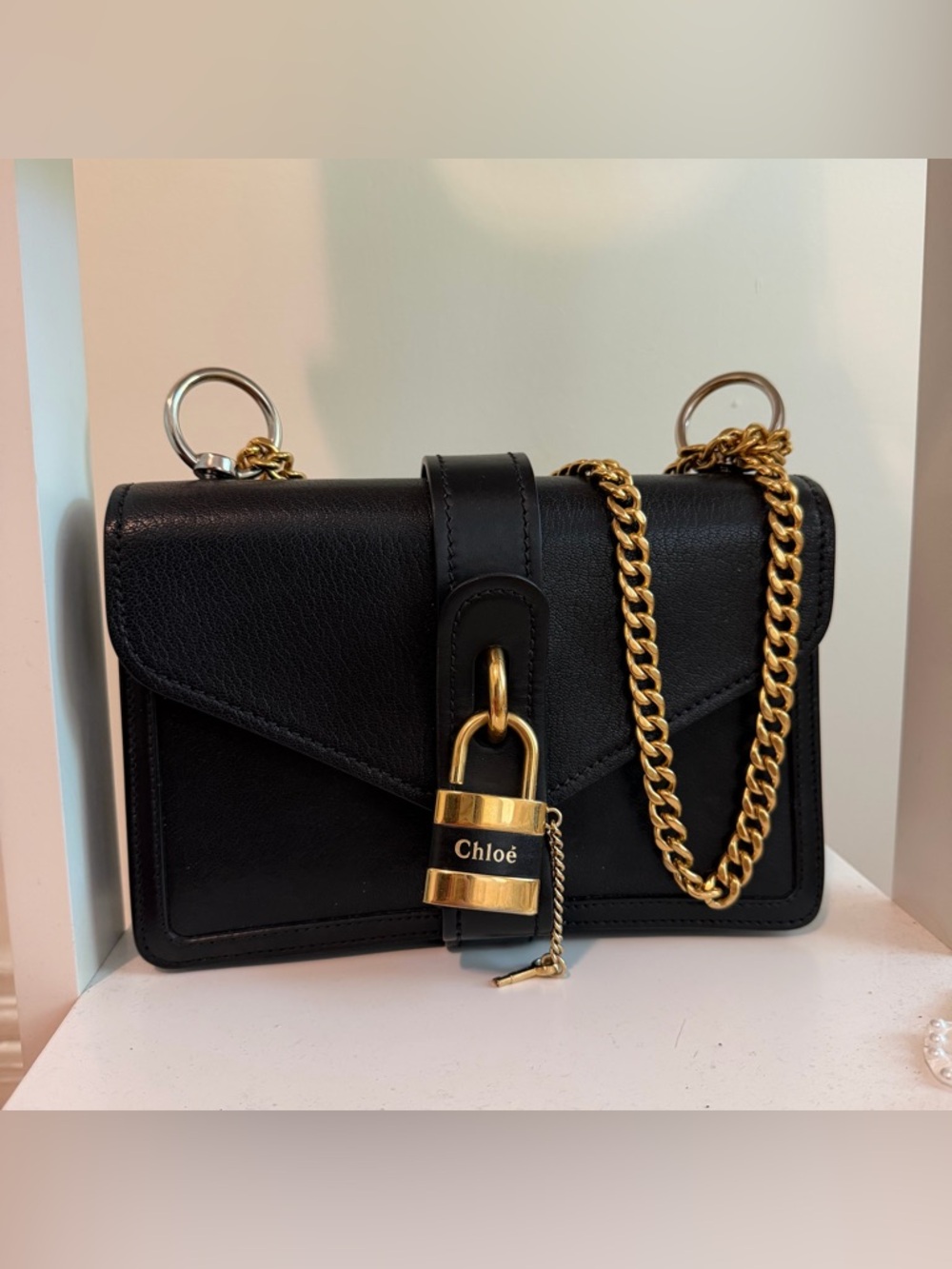Chloe Aby Lock Black Leather Shoulder Bag with Gold Hardware